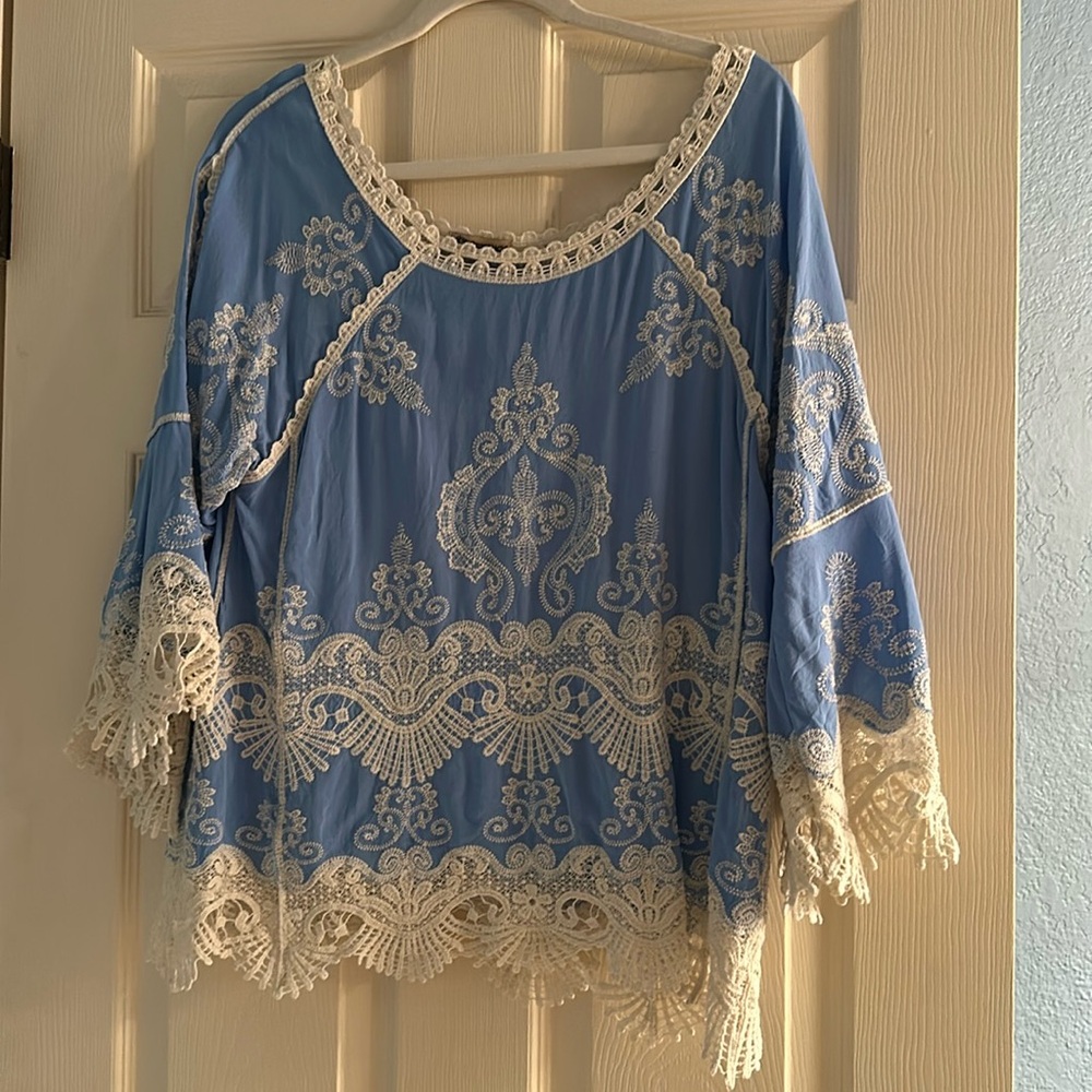 Super fun Democracy blouse with lace trim